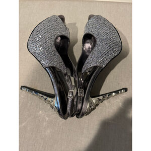 Women's Nicole Miller Silver Glitter Peep Toe Platform Slingback Heels Size 10